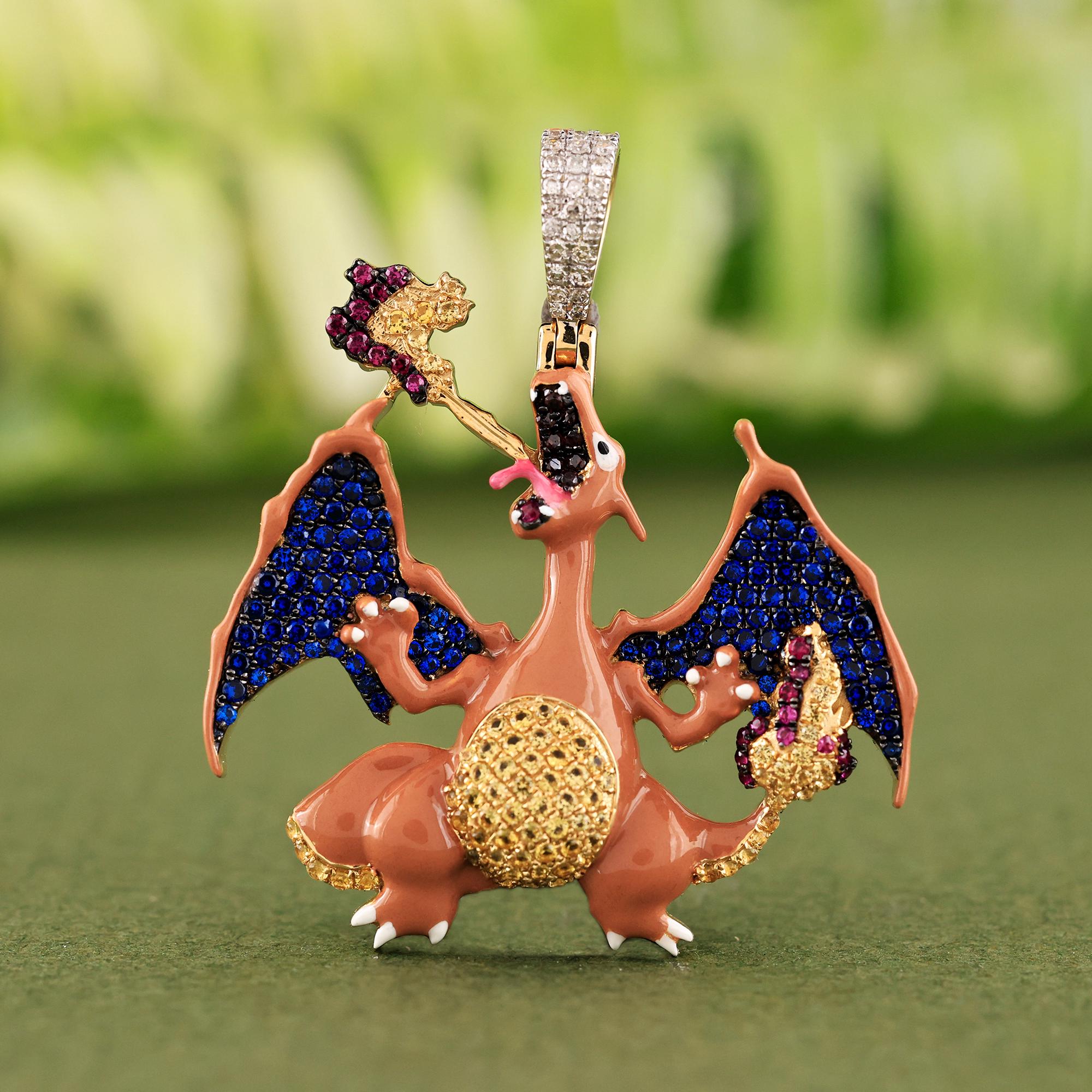 10K Yellow Gold Charizard Pendant | Stunning Round Diamond Charizard Pendant | Pokémon Charizard Pendant | Diamond Jewelry