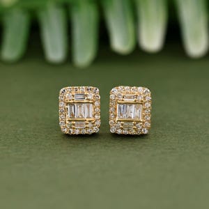 0.55 Carat Baguette and Round Diamond Square Stud Earring | 10K Yellow Gold Square Earring | Birthday Gift | Women Earring