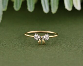 0.04 Carat Round Diamond Bow Ring | 10K Yellow Gold Bow Ring | Promise Ring | Diamond Tie Ring | Bow tie Ring | Ring For Women