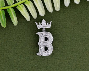 0.45 Carat Round Diamond B Letter Pendant | 10K White Gold Initial Pendant | Crown Initial Pendant | Men&#39;s Pendant | Birthday Gift