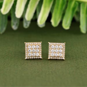 0.90 Carat Round Diamond Square Stud Earrings | 10K Yellow Gold Square Earrings | Diamond Cluster Earrings | Gift For Her