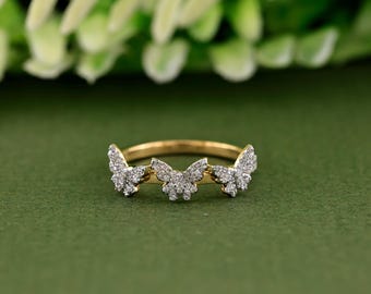 0.29 Round Diamond Butterfly Ring | 10K Yellow Gold Butterfly Ring | Real Gold Butterfly Ring | Women&#39;s Ring | Anniversary Gift