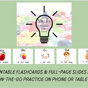 May include: A set of educational phonogram flashcards featuring a lightbulb icon with the text Ms. J's Phonogram Cards - Printable. Below are five cards showing letters Aa to Ee with corresponding illustrations of an apple, ball, cat, dog, and egg.