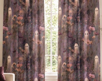 Ghost Floral Blackout Curtains | Gothic Window Panels | Spooky Cute Curtains | Whimsigoth Room Decor | Haunted Cottagecore Decor