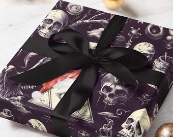 Gothic Occult Christmas Wrapping Paper, Festive Skeleton Holiday Themed Gift Wrap for Christmas Presents, Dark Symbols Xmas Giftwrap Roll