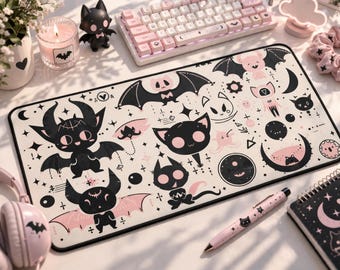 Kawaii Goth Desk Mat | Cute Devil Cat Bat Mouse Pad Pink Black Aesthetic | Gamer Girl Desk Setup | Creepy Cute Anime Desk Decor