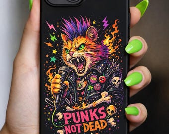 Punk Rock Cat Phone Case | Colorful Gothic Cat Art | Horror Punk Aesthetic iPhone Case | Alt Cat Lover Gift | Punks Not Dead