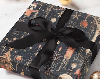 Spooky Gothic Christmas Wrapping Paper, Festive Skeleton Holiday Themed Gift Wrap for Christmas Presents, Spooky Christmas Giftwrap Roll