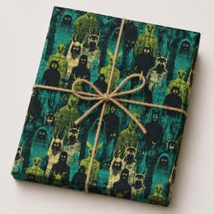 May include: Gift-wrapped package featuring a repeating pattern of eerie figures in shades of green, black, and teal. The figures have various animal-like features. The package is tied with twine, creating a rustic and spooky aesthetic.