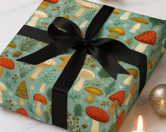 Whimsical Holiday Mushroom Wrapping Paper | Christmas Forest Fungi Gift Wrap with Pine Trees, Berries, and Snowy Magic