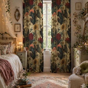 May include: Floral print curtains in a bedroom setting. The curtains feature a pattern of red, yellow, and green flowers on a beige background. The room includes a bed, rug, and other decorative elements.