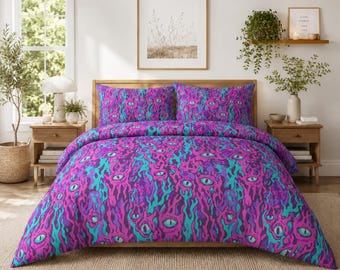 Psychedelic Eye Duvet Cover Set | Neon Goth Bedding | Trippy Purple & Teal Bedroom Decor | Twin, Twin XL, Queen Cotton Bedding