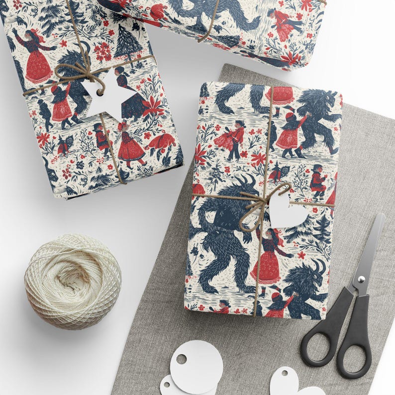 Vintage Krampus Wrapping Paper | Gothic Christmas Gift Wrap, Folklore Pattern, Holiday Horror Decor, Spooky Scandinavian Style image 2