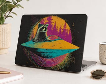 Raccoon UFO Laptop Case | Retro Space Aesthetic MacBook Cover | Funny Alien Animal Laptop Skin | Neon Vaporwave Tech Case
