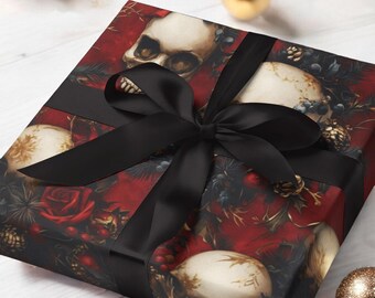 Spooky Gothic Christmas Wrapping Paper, Festive Skull Holiday Themed Gift Wrap for Christmas Presents, Red Scary Christmas Giftwrap Roll