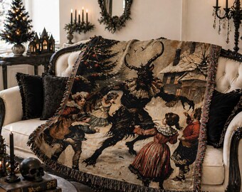 Krampus Gothic Christmas Blanket | Woven Throw Tapestry | Dark Holiday Decor | Victorian Horror Xmas | Goth Winter Bedding