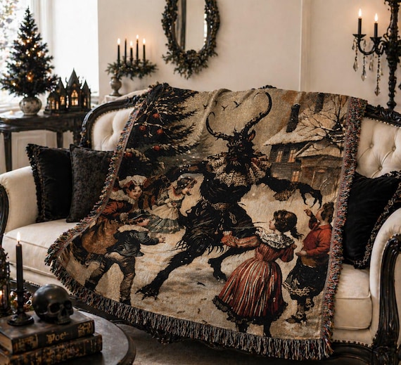 Krampus Gothic Christmas Blanket | Woven Throw Tapestry | Dark Holiday Decor | Victorian Horror Xmas | Goth Winter Bedding
