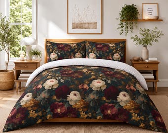 Dark Vintage Floral Duvet Cover Set, Moody Botanical Bedding, Cottagecore Floral Comforter Cover, Gothic Bedroom Decor, Twin Twin XL Queen