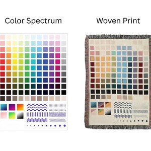 Może przedstawiać: Tkany koc z wzorem spektrum kolor&oacute;w. Koc posiada siatkę kolorowych kwadrat&oacute;w, od czerwonego do fioletowego, z geometrycznymi wzorami i tekstem "Woven Print". Koc ma frędzelkową krawędź.
