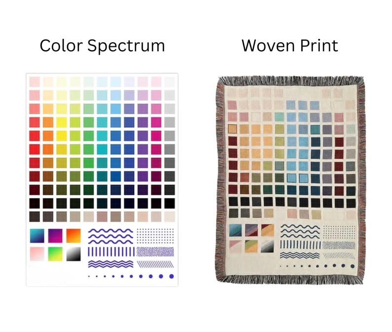 Może przedstawiać: Tkany koc z wzorem spektrum kolor&oacute;w. Koc posiada siatkę kolorowych kwadrat&oacute;w, od czerwonego do fioletowego, z geometrycznymi wzorami i tekstem "Woven Print". Koc ma frędzelkową krawędź.