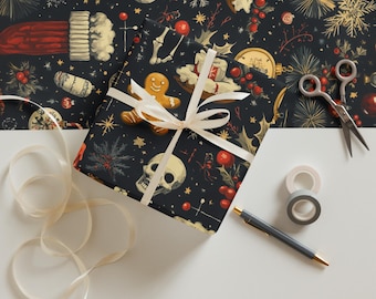 Gothic Occult Christmas Spooky Wrapping Paper, Dark Skull Holiday Themed Gift Wrap for Christmas Presents, Haunted Christmas Giftwrap Roll