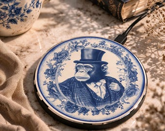 Victorian Monkey Wireless Charger | Blue Porcelain Animal Charger | Quirky Office Desk Decor | Vintage Tech Accessory