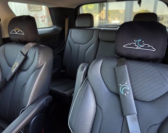 Juego de fundas para reposacabezas y almohadillas para cinturones de seguridad con bordado de sol, luna y estrellas