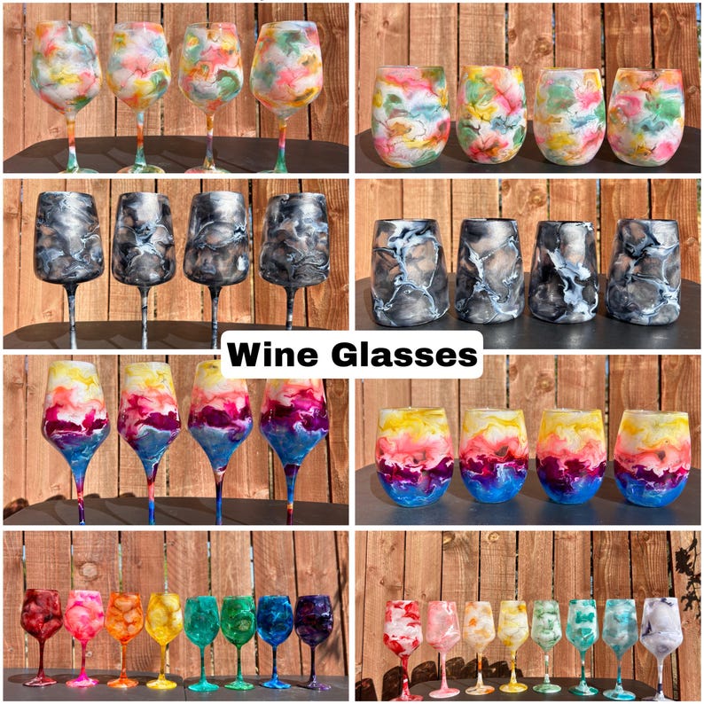 May include: A selection of colourful wine glasses with distinctive, abstract patterns. The glasses showcase a range of vivid colours, such as pink, yellow, blue, and green, forming an attractive arrangement. The text "Wine Glasses" is displayed in white.