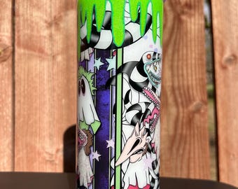 Handmade 20 oz Stainless Steel Epoxy Resin Tumbler - Beetlejuice Half Split Tumbler - Drip Tumbler - Glitter Tumbler - Halloween Tumbler