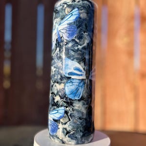 Handmade 20 oz Stainless Steel Epoxy Resin Tumbler - Black & White Marble Swirl with Blue Butterflies, Marble Tumbler, Butterfly Tumbler