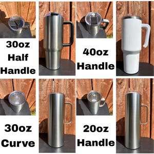May include: A selection of stainless steel insulated tumblers in various sizes, including 591ml, 887ml, and 1183ml, with and without handles. Some tumblers have a curved design. Text on the image indicates the size and handle style.