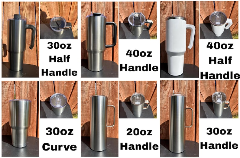 May include: A selection of stainless steel insulated tumblers in various sizes, including 591ml, 887ml, and 1183ml, with and without handles. Some tumblers have a curved design. Text on the image indicates the size and handle style.