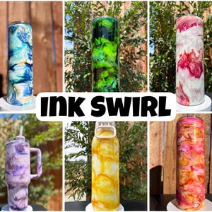 May include: A selection of insulated tumblers and water bottles featuring an ink swirl design. The tumblers are available in a range of colours, such as blue, green, yellow, and pink. The text "INK SWIRL" is displayed in the centre of the image.
