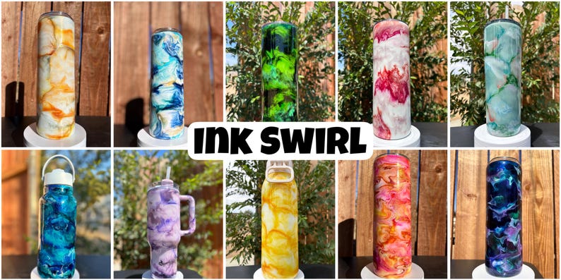 May include: A selection of insulated tumblers and water bottles featuring an ink swirl design. The tumblers are available in a range of colours, such as blue, green, yellow, and pink. The text "INK SWIRL" is displayed in the centre of the image.