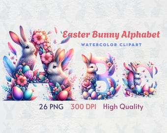 26 PNG Files, Watercolor Easter Bunny Alphabet Collection Clipart, Colorful Bunny, Eggs Letter Set, English Alphabet, Digital Download