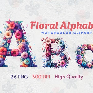 26 PNG, Watercolor Floral Alphabet Collection Clipart, Colorful Floral Letter Designs, English Alphabet, Instant Download