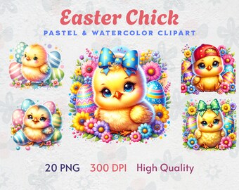 Easter Chick Clipart Set PNG Watercolor Cute Baby Chick with Eggs Spring Flowers Pastel Instant Digital Download Sublimation Art for Crafts