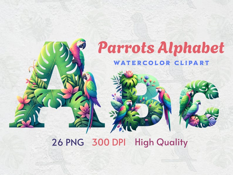 26 PNG, Watercolor Parrot Alphabet Collection Clipart, Colorful Parrot ...