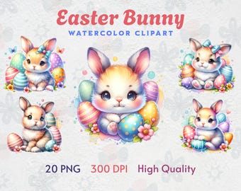 Whimsical Easter Bunny Clipart Set PNG Watercolor Spring Rabbits Chick Eggs Basket Pastel Nursery Decor Digital Download Baby Shower Rabbits