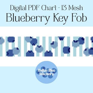 May include: Digital PDF chart for a Blueberry Key Fob. The design features a repeating pattern of blue blueberries and vertical stripes on a white background. The text "Blueberry Key Fob" is displayed above the design. The Hallee Blue Stitchery logo is at the bottom.