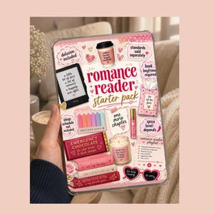 Kindle-insats för romantiska böcker, startpaket för romantiska böcker, utskrivbar PNG PDF, rosa boklig Kindle-dekor, insats för e-läsare