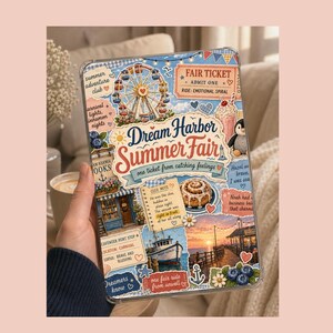 Könnte beinhalten: Eine transparente Tablethülle mit einem Collage-Design mit dem Titel Dream Harbor Summer Fair. Die Grafik zeigt ein Riesenrad, ein Jahrmarktticket, eine Zimtschnecke, ein Boot, einen Steg bei Sonnenuntergang, einen Pinguin und verschiedene Textfragmente.