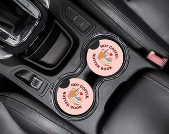 Hot Coffee Hotter Book Car Coasters | Bookish Car Accessories | Romance Reader Decor | Booktok | Book Lover Gifts | Coffee and Books Merch