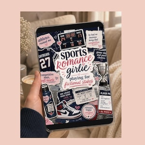 May include: A tablet case with a collage design featuring sports-themed graphics and text. The design includes a jersey with the number 27, a sneaker, a trophy, and the words "Sports Romance Girlie". The color scheme is primarily navy, pink, and white.
