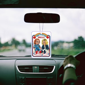 See You in Hell Car Air Freshener – Chucky & Tiffany Horror Couple – Creepy Gift for Horror Fans