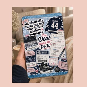 May include: A clear tablet case with a collage design featuring a hockey jersey, a hockey skate, and text that reads "accidentally tutoring my way into a hockey romance." The case has a blue and white color scheme with hearts and other decorative elements.