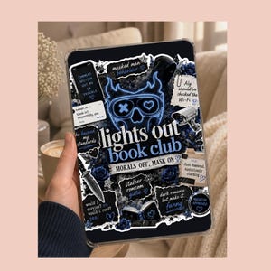 May include: A clear tablet case featuring a collage of dark blue and black stickers with the text lights out book club, morals off, mask on, and various graphics including a skull, a knife, a security camera, and social media comment bubbles.