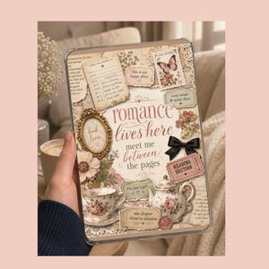 May include: A clear tablet case with a vintage-style design. The case features floral illustrations, a teacup, teapot, and text that reads "romance lives here" and "meet me between the pages".