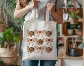 Love Struck Angels Tote Bag – Cute Cherub Valentine’s Aesthetic, Romantic Canvas Bag