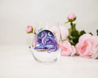 Moonlit Dragon & Books Stemless Wine Glass – Fantasy Book Lover Gift